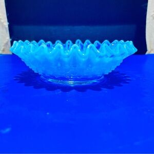 Vintage Fenton-Blue Opalescent Hobnail Crimped Edge Dish, Excellent Condition